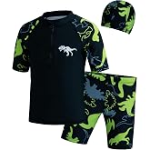 LUCKYLI Boys Swim Set &ndash; UPF50+ Rashguard, Trunks with Drawstring &amp; Cap, 4-Way Stretch, Quick Dry, Sublimated, for Beach/Pool