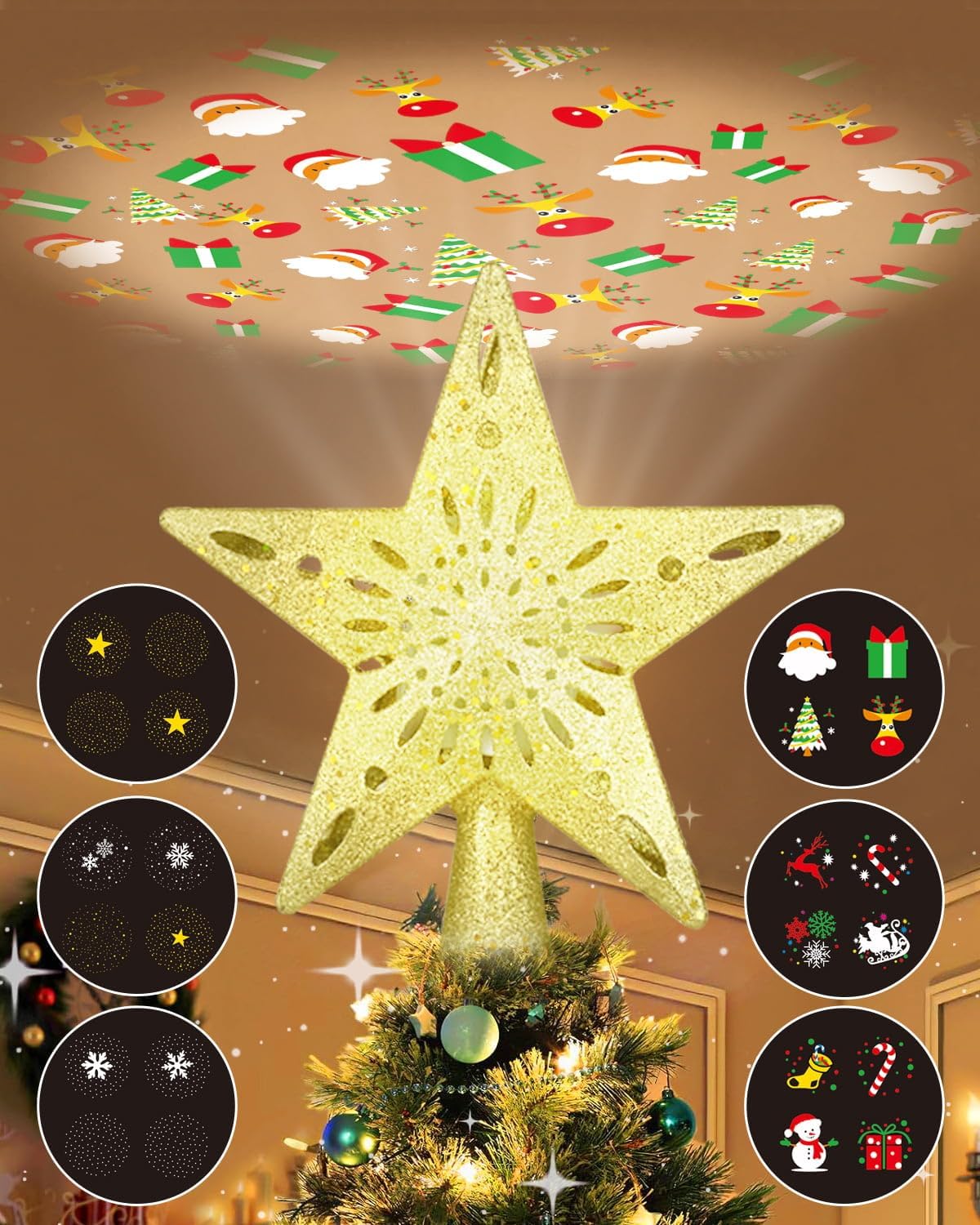 Tree Toppers - Christmas Tree Topper with 6 Kinds of Projection Effects, Gold Christmas Tree Topper Projector, Tree Topper Star Rotating 3D Hollow Glitter Star Design for Christmas Tree Holiday Party Xmas Decor