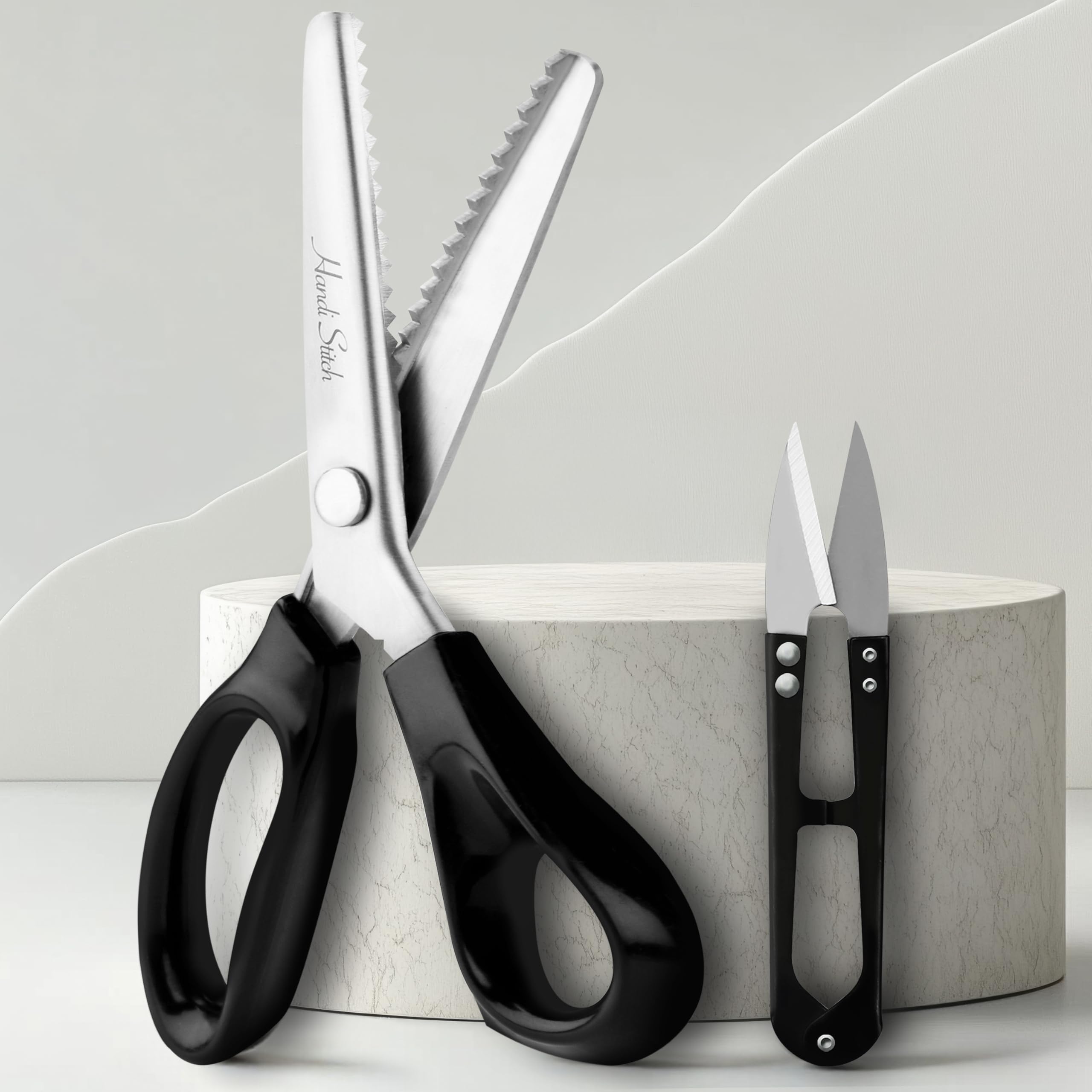 Handi Stitch Pinking Shears with Snippers - 9 inch/22.86cm Overall Length - Black Handle Zigzag Fabric Scissors - Razor Sharp Stainless Steel Dressmaking Scissor for Sewing, Tailoring, Paper, Crafts