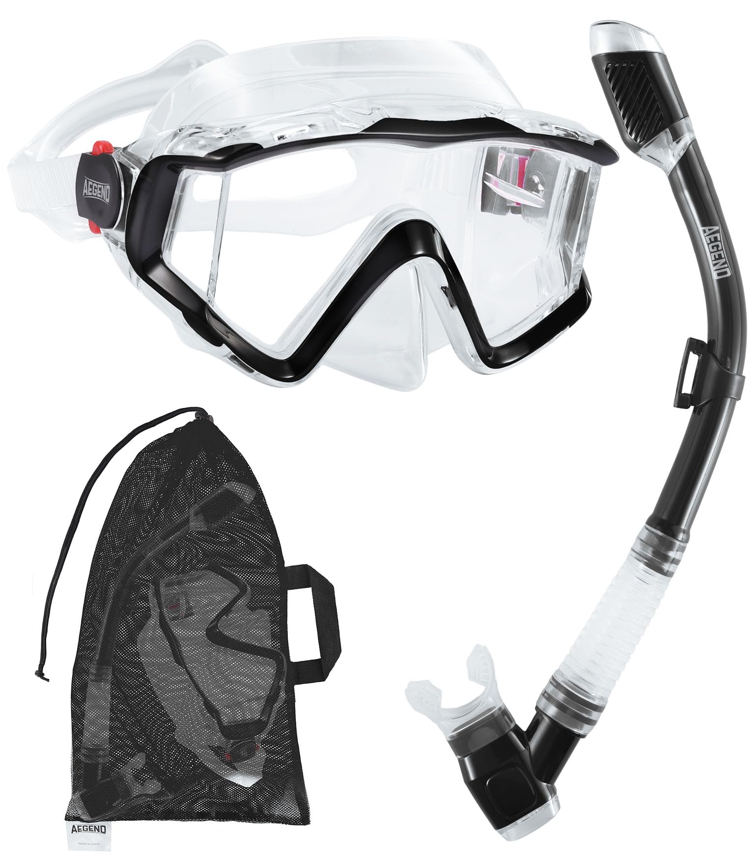 Photo 1 of Aegend Snorkeling Gear for Adults, Dry Snorkel Set Panoramic View Enhanced Anti-Leak and Anti-Fog Technology, Adjustable Strap for Snorkeling Scuba Diving Swimming with Mesh Bag(Clear Black)