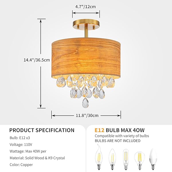 PINE FLICKER 3-LIGHT DRUM WOOD & K9 CRYSTAL CEILING LIGHTS, FARMHOUSE STYLE SEMI-FLUSHMOUNT LIGHT FIXTURE FOR DINING ROOM, LIVING ROOM & BEDROOM, D12 * H14 INCH, SOLID WOOD LAMPSHADE & GOLD FINISH
