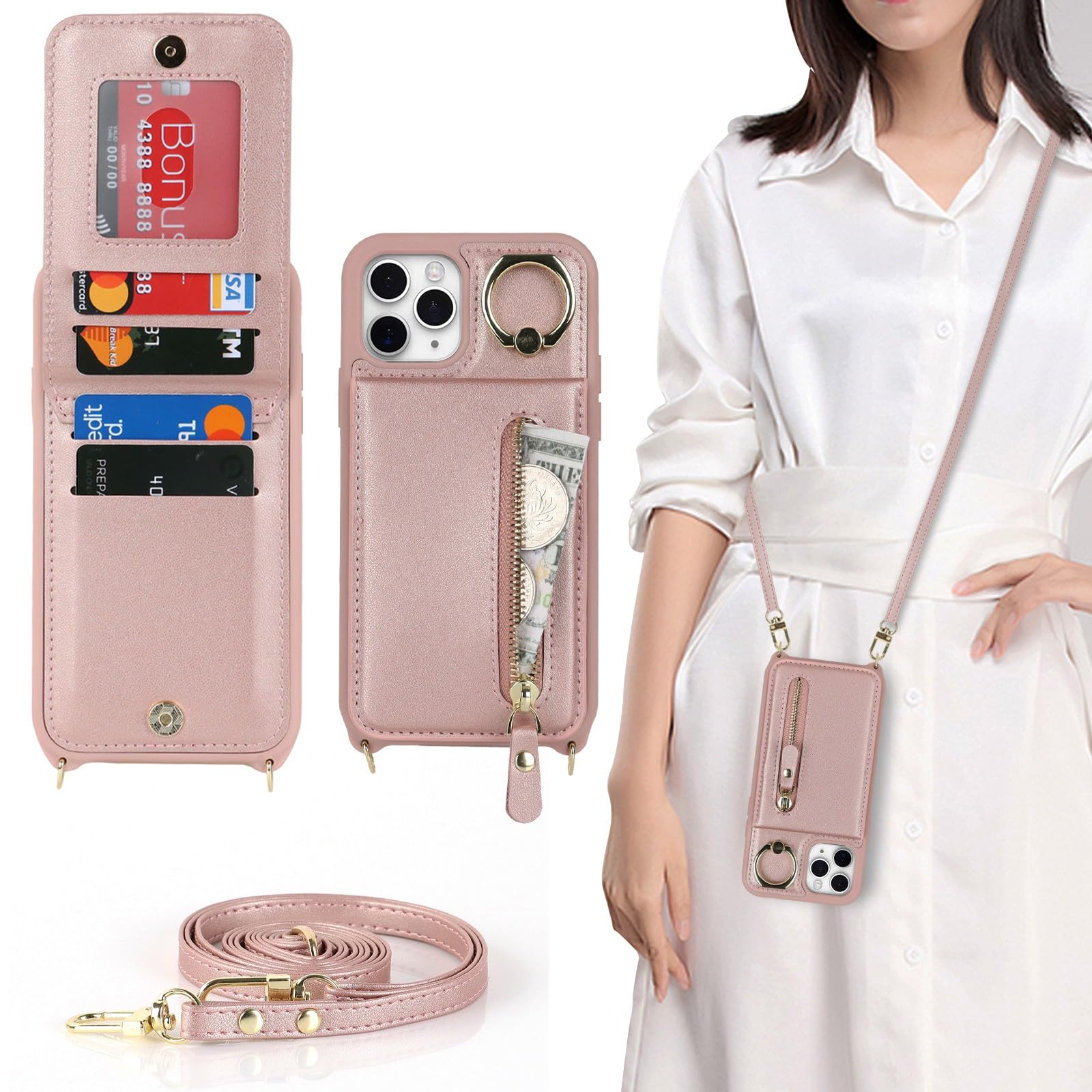 Zouzt for iPhone 11 Pro Max Case with Cord and Card Holde, Zipper Wallet Case with Crossbody Lanyard Ring Adjustable Necklace Protective Cover Women for iPhone 11 Pro Max 6.5 Inch - Rose Gold
