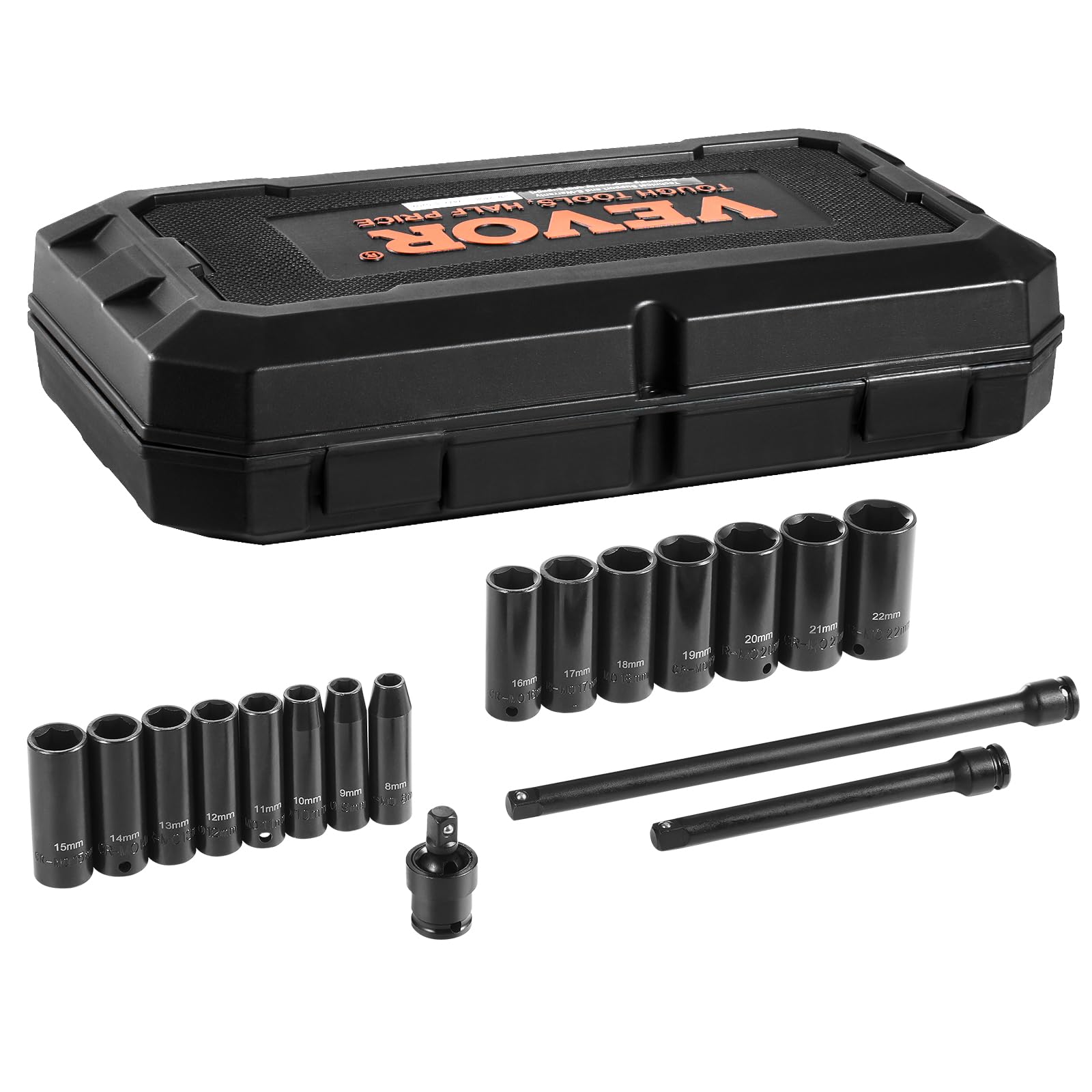 VEVOR 3/8" Drive Impact Socket Set, 18 Piece Deep Socket Set Metric 8-22mm, 6 Point CR-V Alloy Steel for Auto Repair, Easy-to-Read Size Markings, Rugged Construction, Includes Storage Case