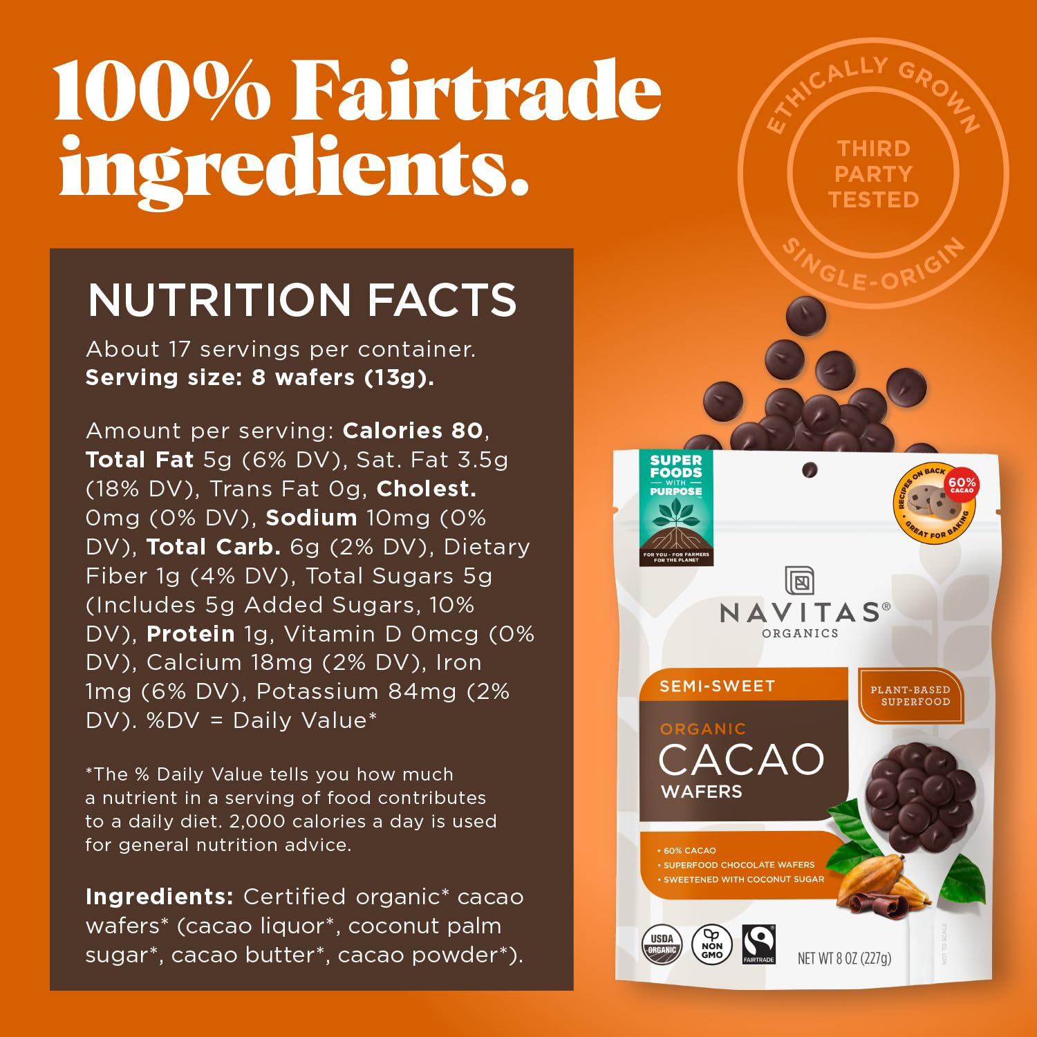 Navitas Organics Organic Semi Sweet Cacao Wafers, 8 OZ — Organic, Fairtrade, Non-GMO, Gluten-Free