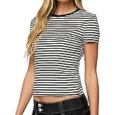 Y2K Striped Babytee for Women Short Sleeve Crew Neck Fitted Crop Tops Teen Girls Preppy Tees Summer Going Out Tops