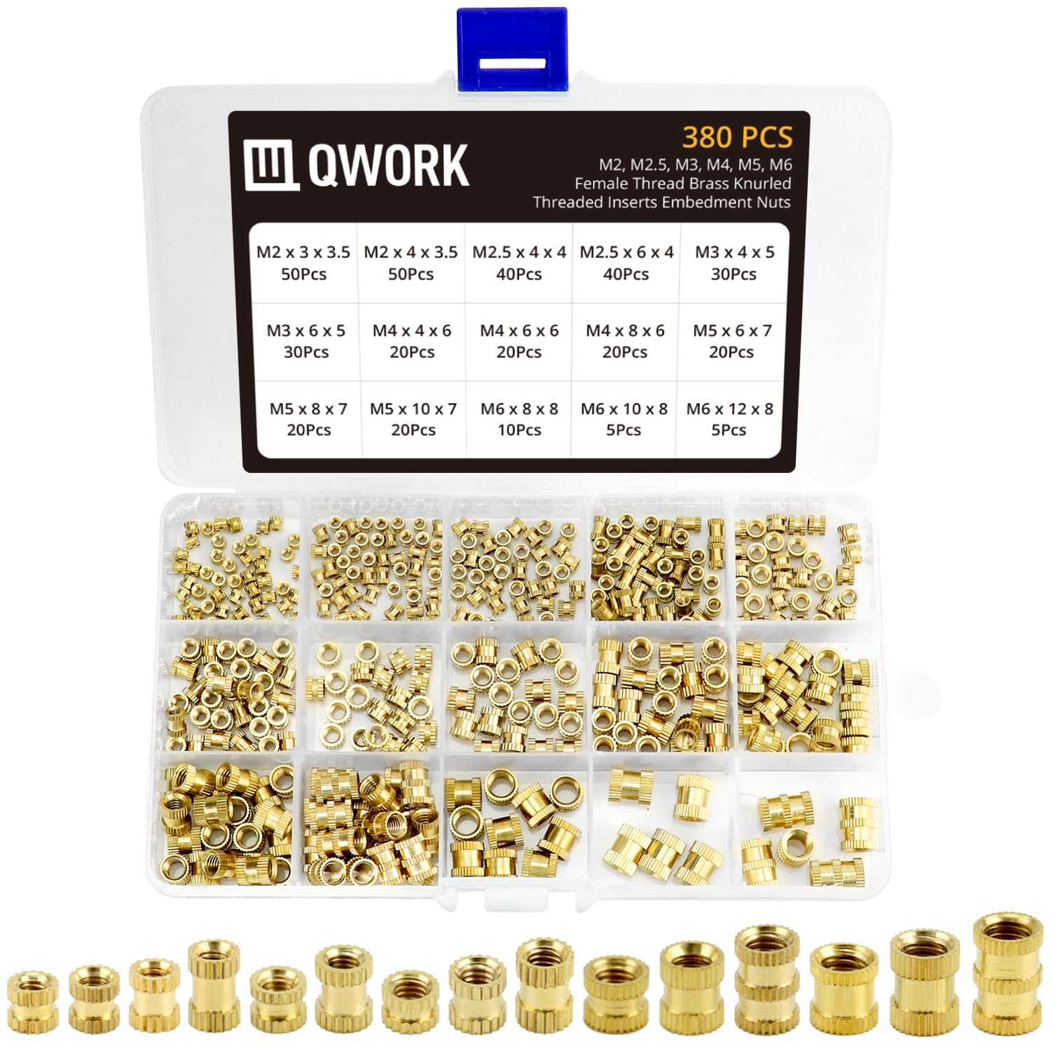 QWORK® 380PCS Brass Threaded Inserts Female Thread Knurled Nuts, M2 M2.5 M3 M4 M5 M6 Embedment Nuts Assortment Kit for Plastic Parts 3D Printing Parts by Heat or Ultrasonic