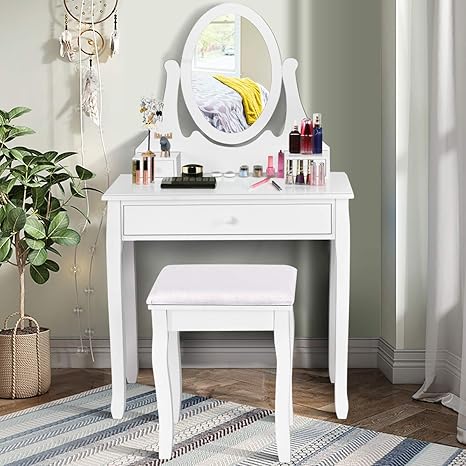 Giantex Vanity Table Set With 360 Rotating Round Mirror Makeup Mirrored Dressing Table With Cushioned Stool 3 Drawers Bedroom Vanities For Women