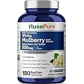 NusaPure White Mulberry Leaf, Vegan, 500mg, 180 Veg Capsules - 180 Servings | Botanical Formula, 10:1 Morus Alba Leaf Extract, BioPerine, Suitable for Adults, Manufactured in cGMP Registered Facility USA