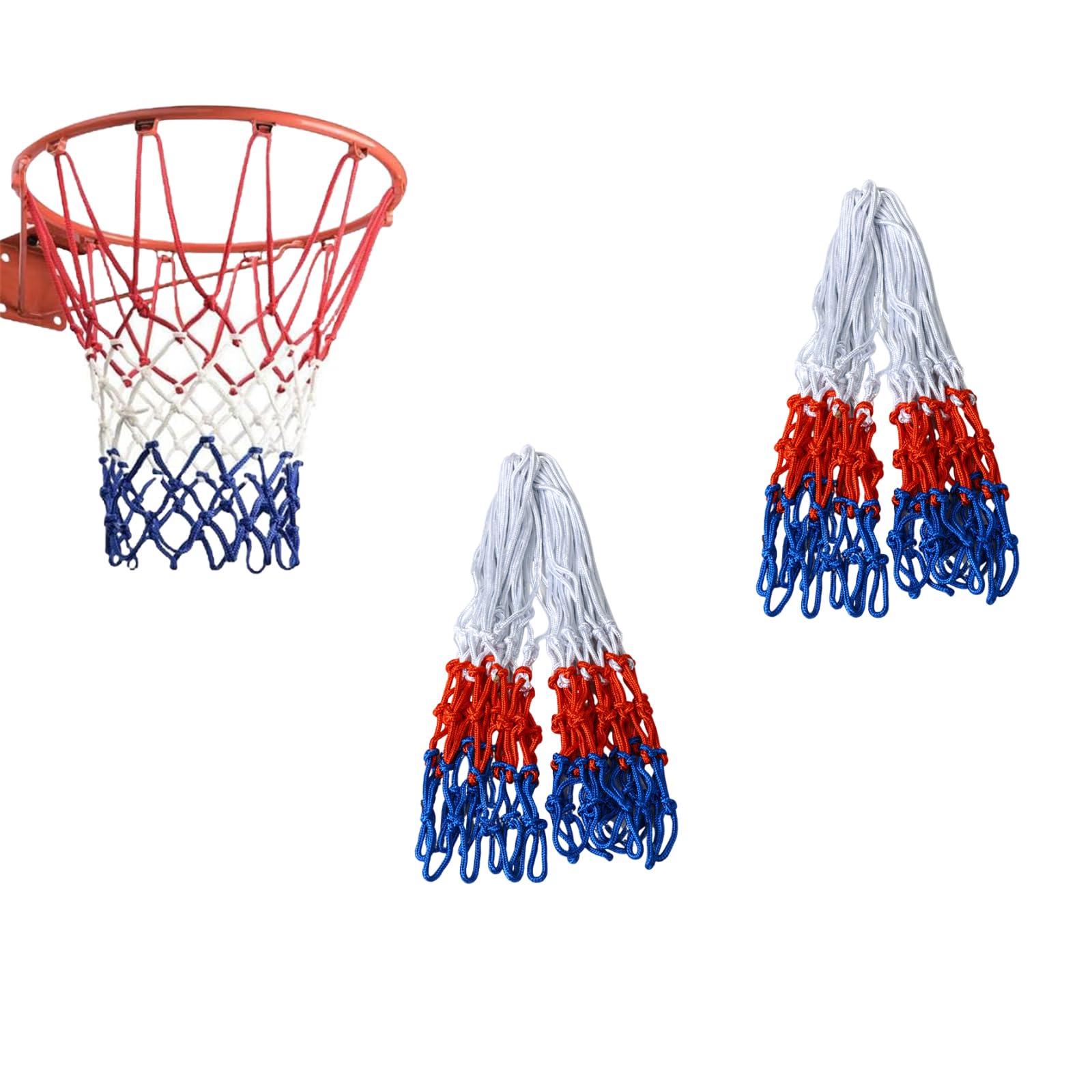 Quixotical 2 PCS Heavy Duty Basketball Net, Three-Color Nylon Basketball Nets Replacement for Outdoor Indoor Hoops, Durable Basketball Accessories