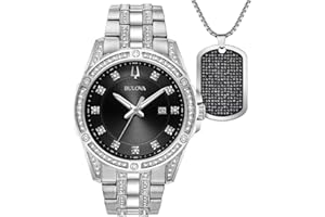 Bulova Men's Crystal Accented Gift Set with 3-Hand Date Quartz Watch and Dog Tag Box Chain Necklace