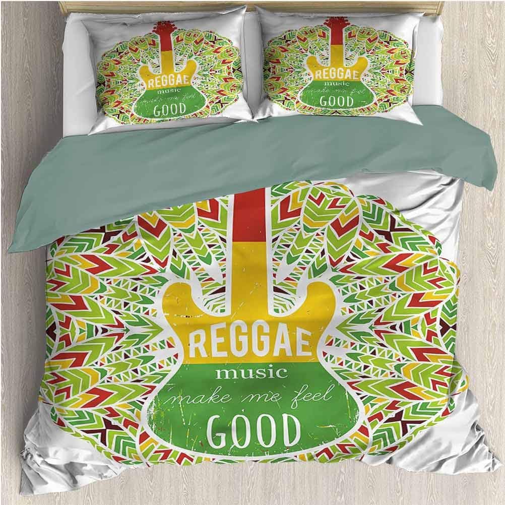 HELLOLEON Rasta 3-Pack (1 Duvet Cover and 2 Pillowcases) Bedding Reggae Music Icon Guitar Polyester (King)