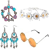 Suny Smiling 4 Pcs Hippie Accessories for Women,70s Hippie Costume Set Include Sunglasses,Peace Sign Necklace,Daisy Flower Headband and Earrings,for 60s 70s Theme Groovy Party