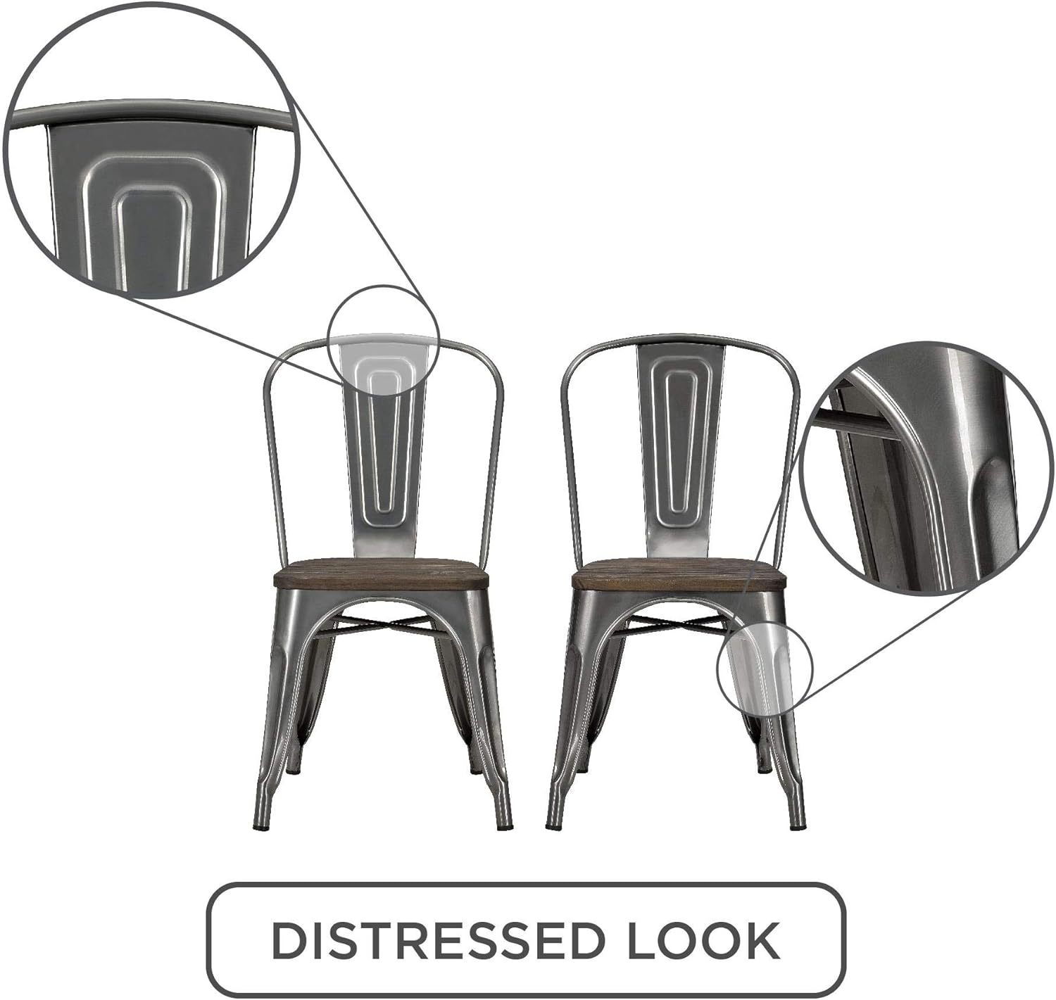 DHP Fusion Metal Dining Chair with Wood Seat, Distressed Metal Finish for Industrial Appeal, Set of two, Antique Gun Metal: Furniture & Decor