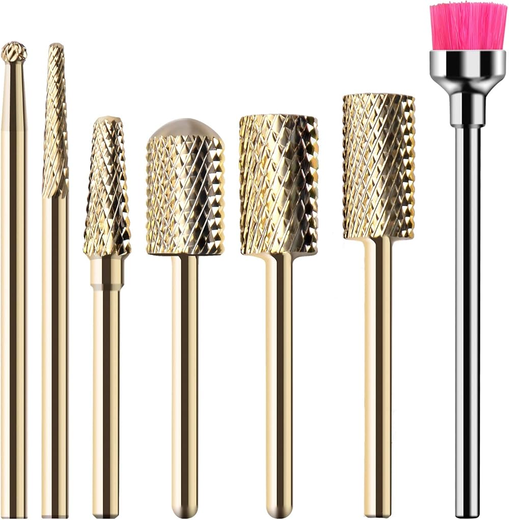 MelodySusie Nail Drill Bits Set Carbide 3/32 Inches 7pcs Gold