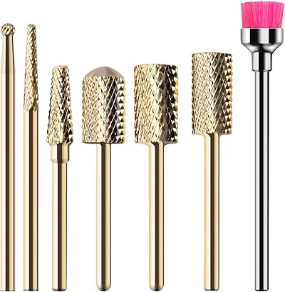 MelodySusie Nail Drill Bits Set Carbide 3/32 Inches 7pcs Gold