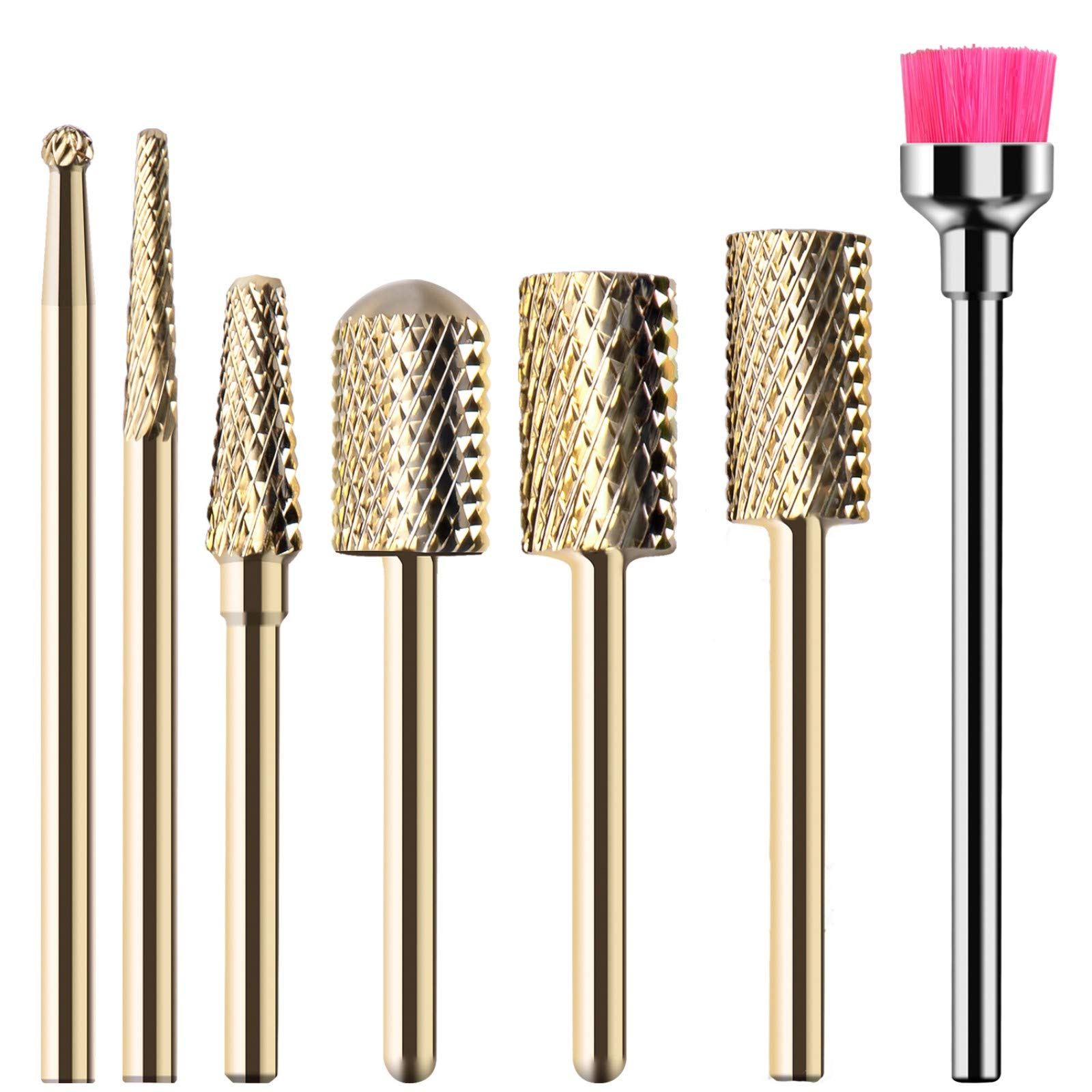 MELODYSUSIE Nail Drill Bits Set Carbide Less Dust Professional 3/32 Inches Nail Bits Filing Acrylic Nails Gel Nails Down Removing Cuticle Tools for Electric Nail Files Drill Machine, 7pcs, Gold