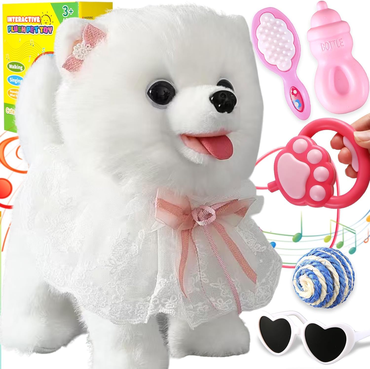 Samoyed Walking Dog Toys for Kids Barking Puppy Toy with Leash Dogs Robot Pet Repeats What You Say, Realistic Licking Tongue Wagging Tail Musical Remote Control Toddler for Girls Boys Birthday Gift