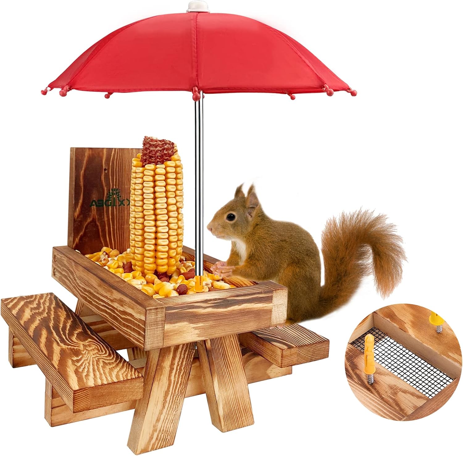 Backyard Birding & Wildlife - MIXXIDEA Wooden Squirrel Feeder Table with Umbrella, Squirrel Picnic Table for Outside, Brown Squirrel Feeder with Corn Cob Holder Cute Chipmunk Feeder (Red Umbrella)