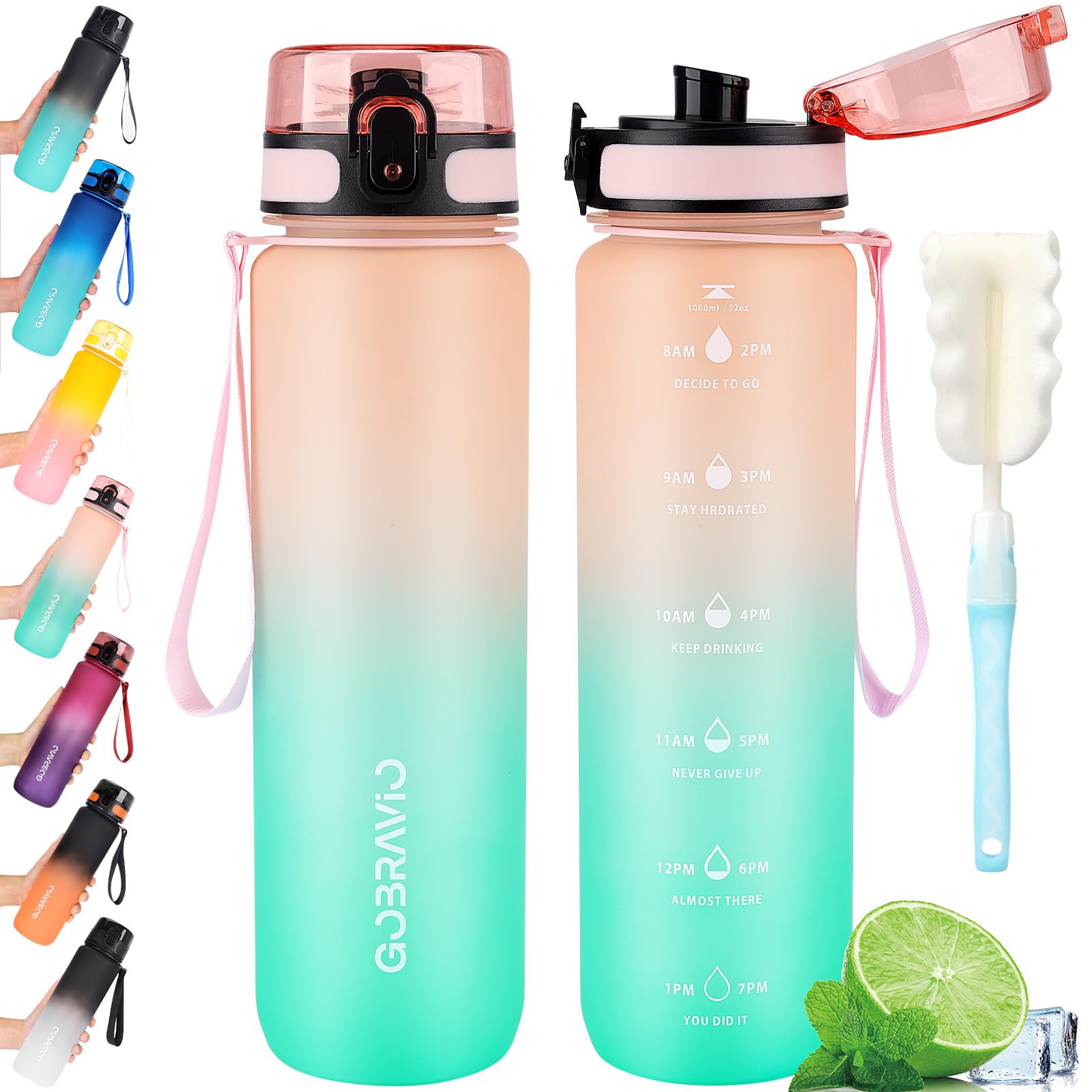 Gobravio Water Bottle 1L BPA Free Sports Drink Bottle Dishwasher Safe Canteen Bottle Leakproof Motivational Water Bottle with Time Markings