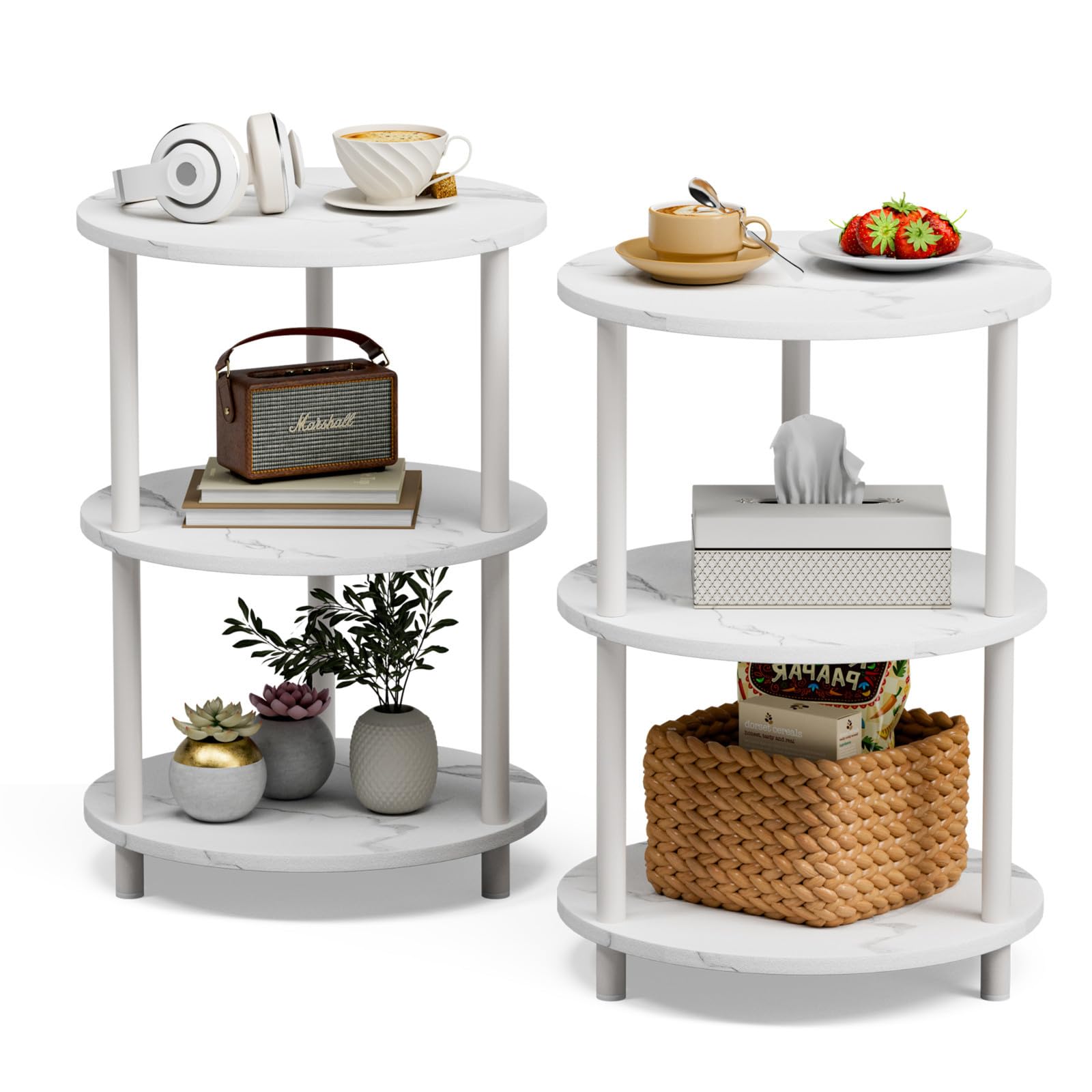 Photo 1 of ***MISSING LEGS*** XBurmo Small Round End Table - 3 Tier Design Accent Table, Narrow Side or Bedside Stand, Industrial Vintage Nightstand for Bedroom, Living Room, or Small Spaces, Set of 2, Marble White