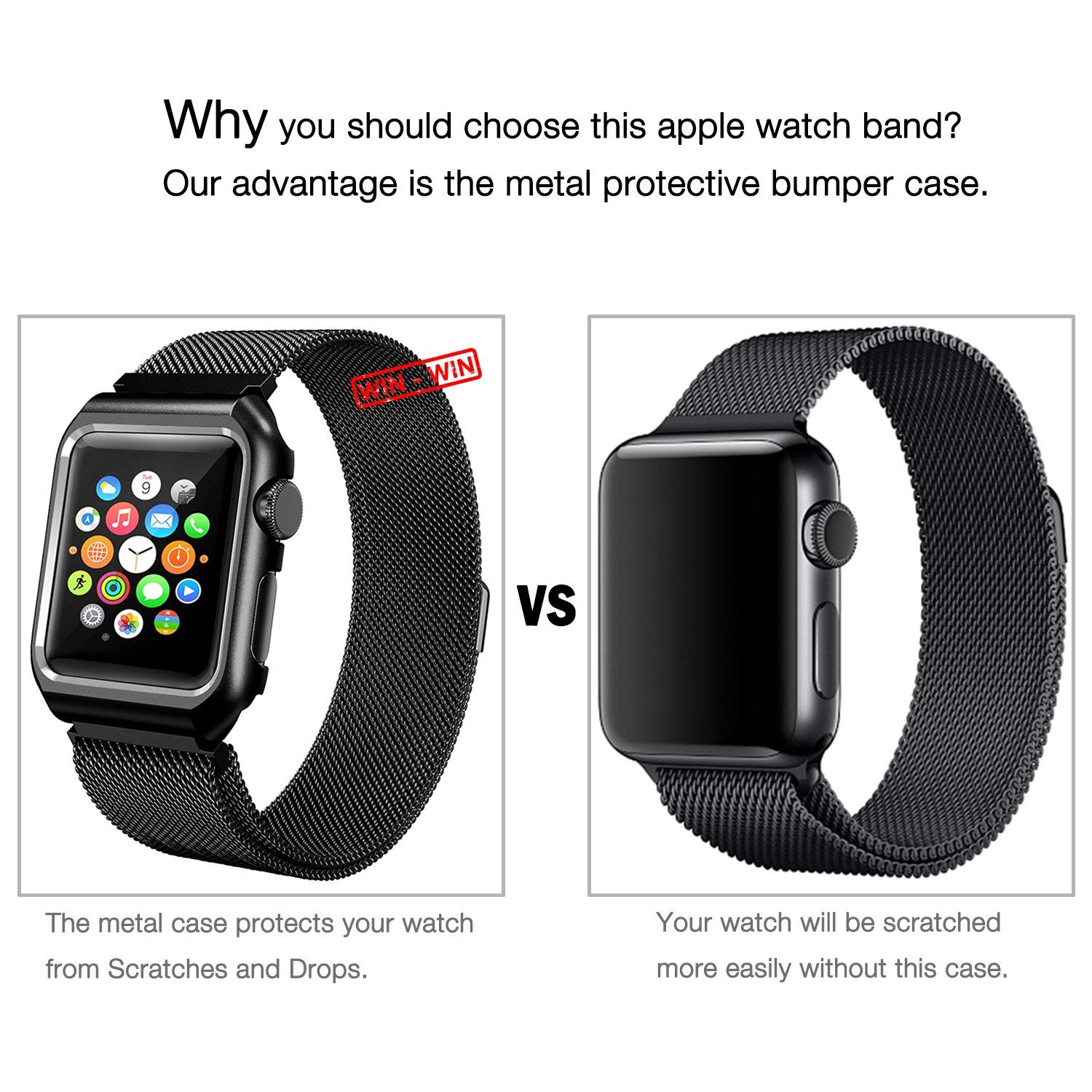 for Apple Watch 40mm Band with Case, Stainless Steel Mesh Milanese Loop with Adjustable Magnetic Closure Replacement Wristband for Apple Watch Series 4 (Black, 40MM)