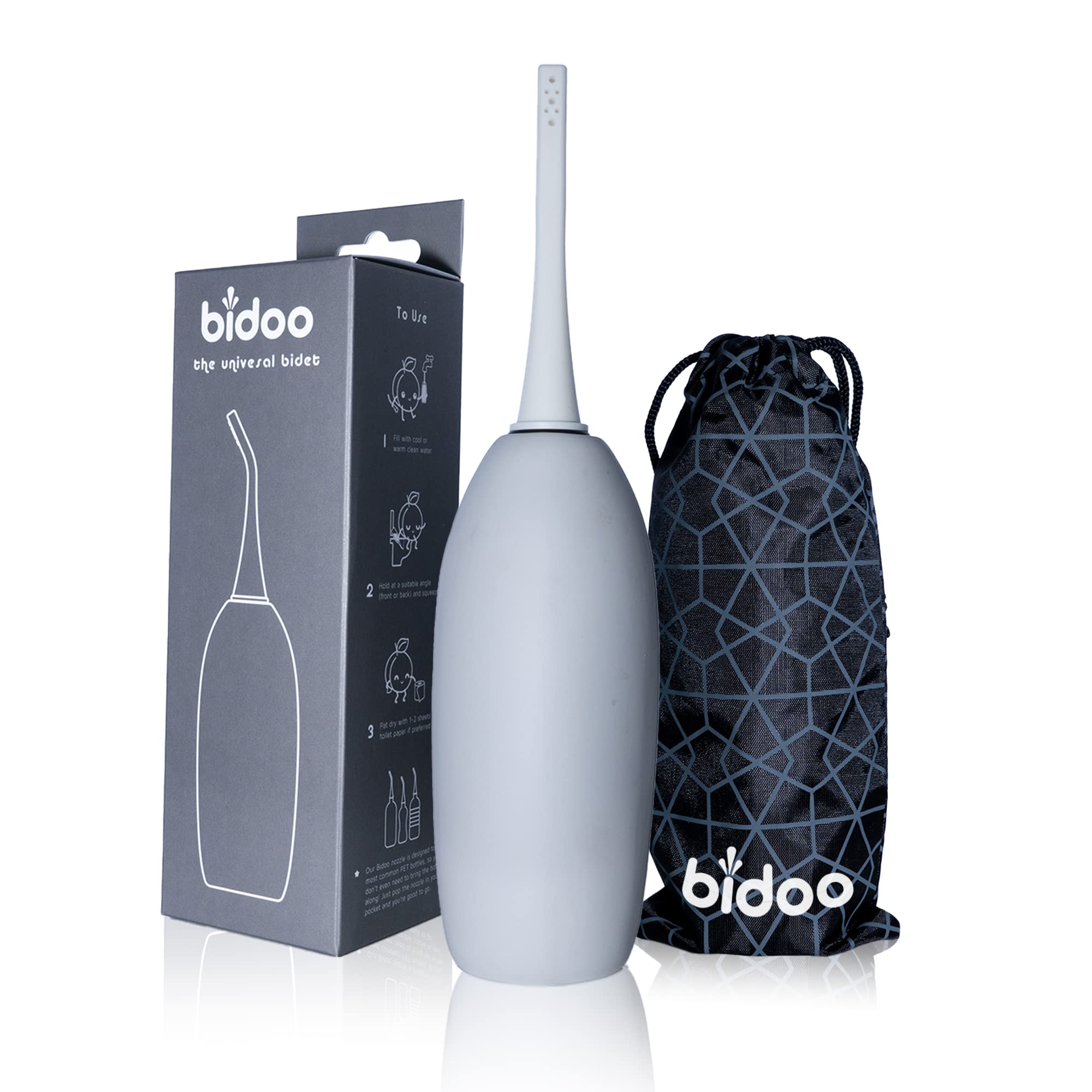 BIDOO Universal Portable Bidet Bottle with Soft Silicone Nozzle, Leak-Proof Cap & Nylon Pouch – Compact Reusable Hygiene Hand Bidet for Travel, Elder Ease, New Moms & Pre/Post-Intimacy - Pebble