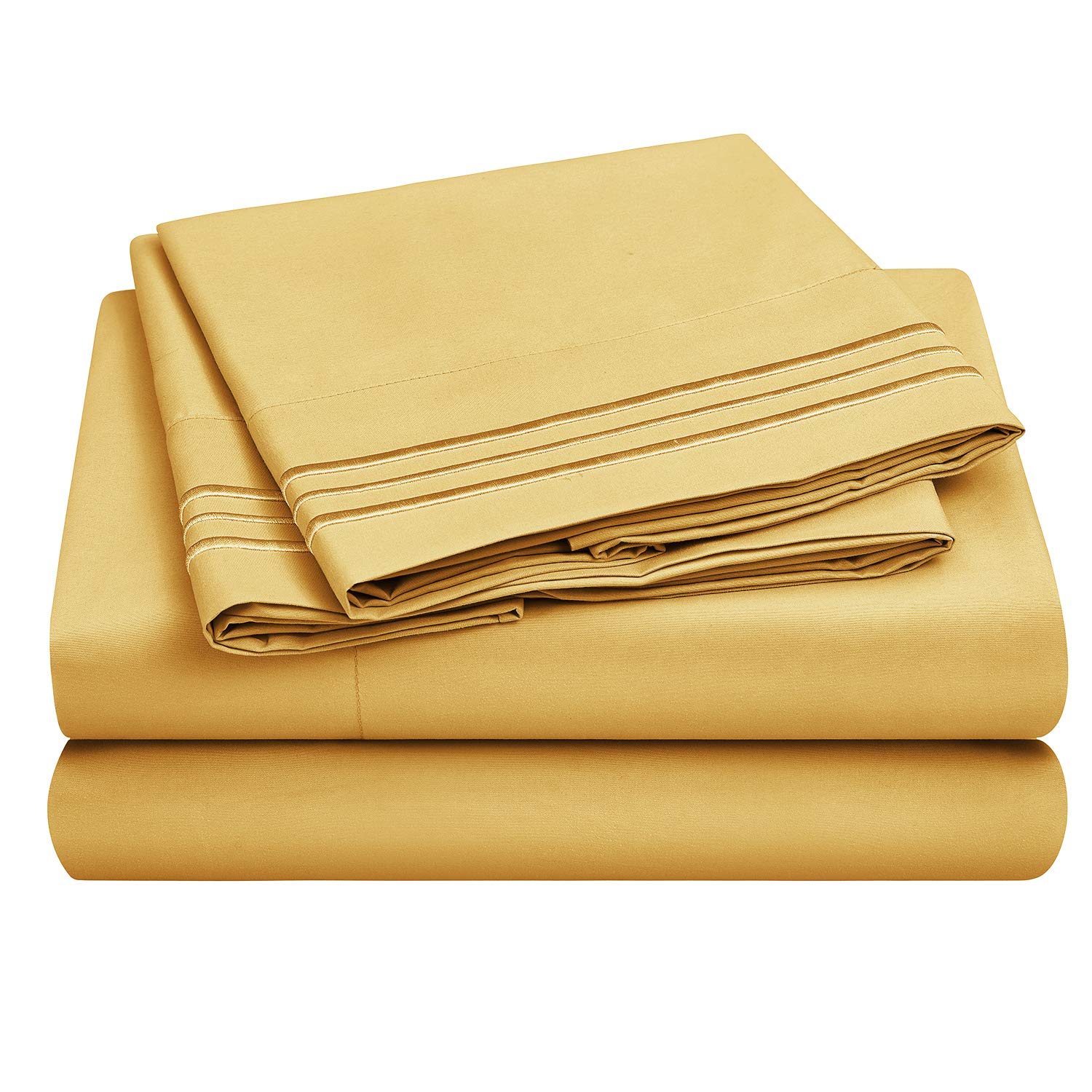 HOMEIDEAS 4 Piece 3-Line Embossed Bed Sheets Set Extra Soft Brushed Microfiber 1800 Bedding Sheets Deep Pocket, Wrinkle & Fade Free (King, Gold)