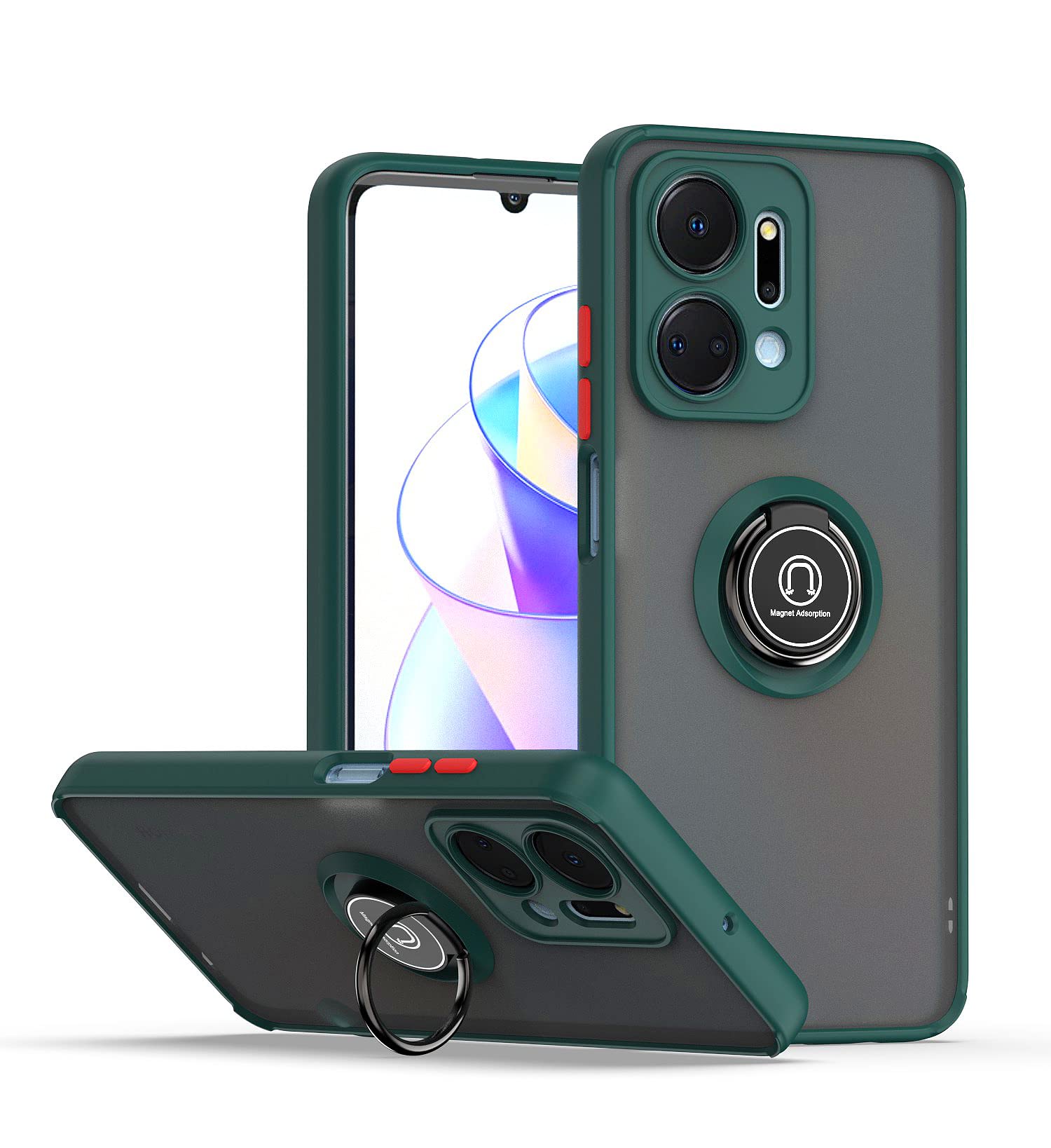 RonRun Compatible with Honor X7A Case, Translucent Frosted Cover with 360° Rotatable Ring Kickstand Slim Shockproof TPU Bumper Case for Honor X7A - Dark Green