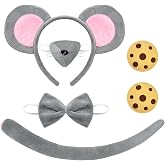 Dnicukii Mouse Ears Headband Costume Set with Bow Tie Tail Nose Brooches | Soft Plush 6 Piece Set, Mouse Ears Headband Bow Tie Tail Nose 2 Cookie Brooches, Halloween Cosplay Birthday World Book Day