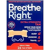Breathe Right Nasal Strips to Stop Snoring, Drug-Free, Extra Tan, 78 Count (26 Each, Pack of 3)