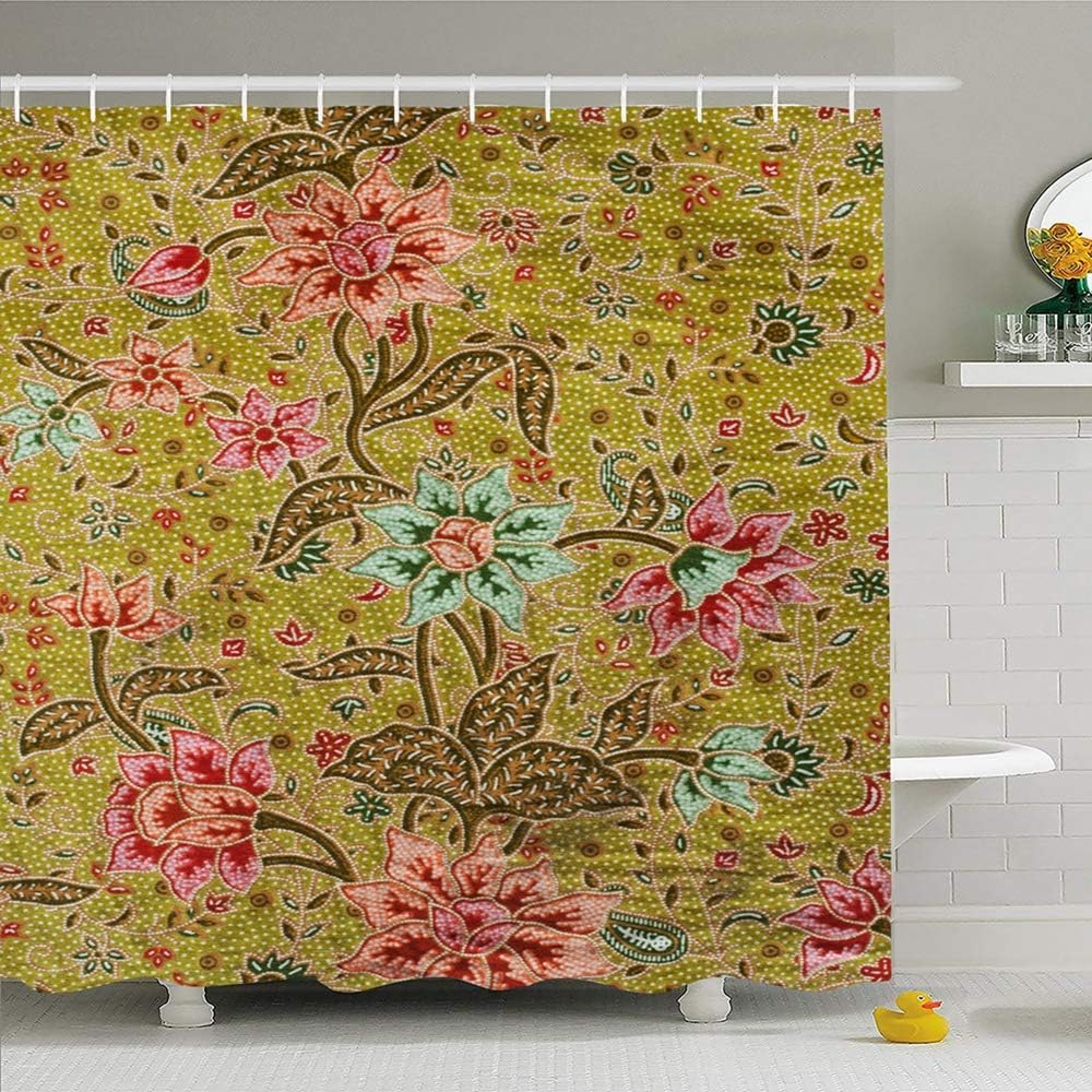 Ahawoso Shower Curtain Set with Hooks 72x78 Batik Design Closeup Textile Thailand Beauty Indonesia Cloths Flower Fashion Craft Textures Detail Waterproof Polyester Fabric Bath Decor for Bathroom