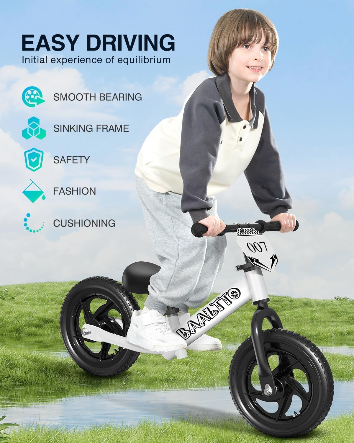 Toddler Balance Bike 2 Year Old,Age 2 to 5 Years, 12-Inch Kids Bike with Customizable Plate (Includes 3 Sets of Stickers), Steady Balance,Suitable for 2-3 Boys Girls(White)