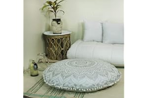 Popular Handicrafts Floor Pillow Cushion Cover - Large Hippie Mandala Ombre Floor Pillow Cover - Pouf Cover Round with Pom Pom Soft Particles, Bohemian Yoga Decor - 24" Silver