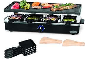 Salton Party Grill/Griddle & Raclette – 8 Person | Electric Indoor Grilling | Non-Stick Plates | 8 Non-Stick Colour-Coded Pan