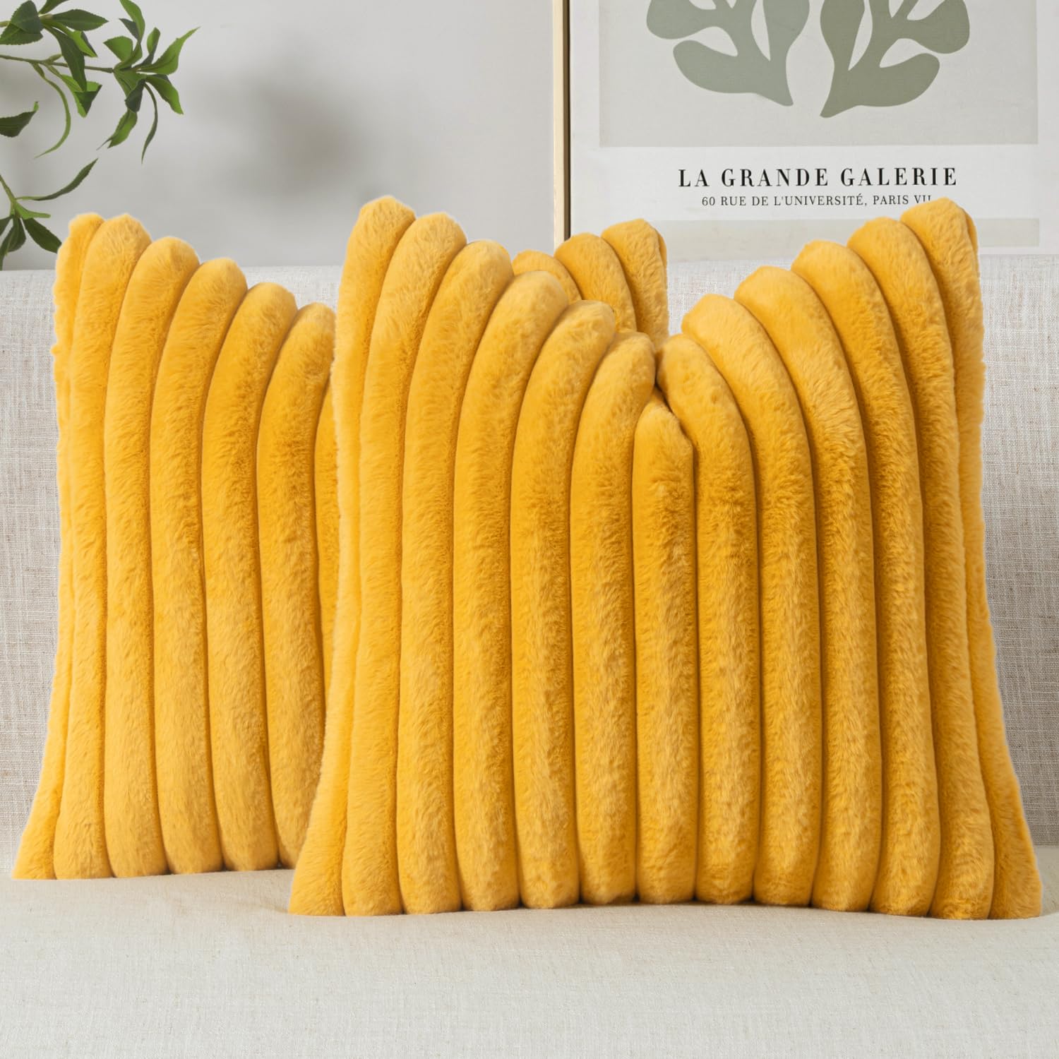 MIULEE Faux Fur Decorative Throw Pillow Covers 16x16 Inch Set of 2, Retro Vintage Boho Spring Home Decor Soft Plush Couch Pillows Cozy Fluffy Cushion Covers for Sofa Bed Mustard Yellow