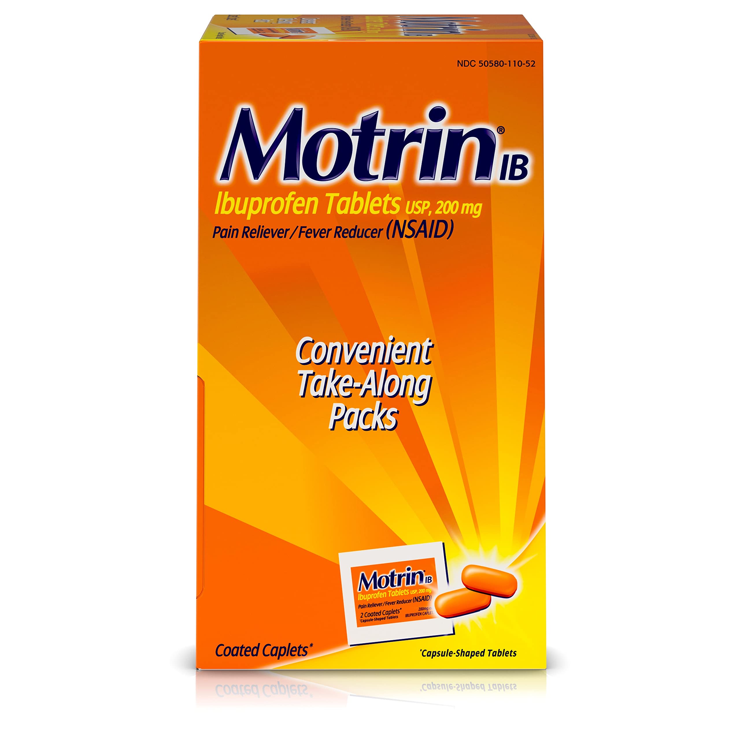 Motrin IB, Ibuprofen 200mg Tablets, NSAID Pain & Fever Reliever for Headache, Backache, Muscular Aches, Arthritis Pain Reliever, 50 Travel Packets of 2, 100 ct