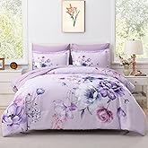 Floral King Size Comforter Set - 7 Piece Botanical Purple Flower Bed in a Bag Ulter Soft Microfiber Bedding Set, Lightweight Bed Comforter Set with Sheets for All Season (Purple, King)