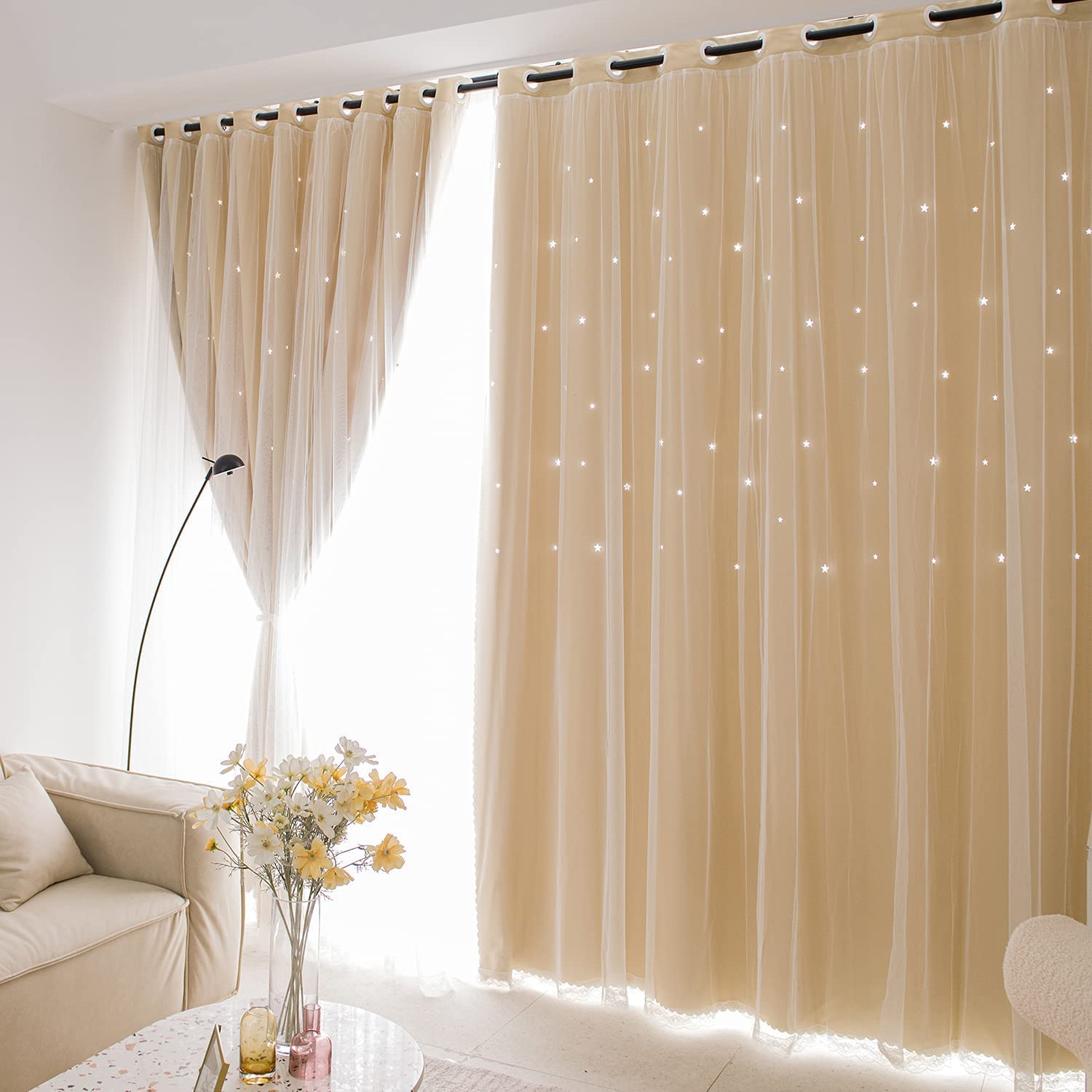 Lanqinglv Star Blackout Curtains with Nets,Beige Star Panels Nursery Double Layer Window Curtains for Kids Girls Room Bedroom Living Room Decoration,2 Panels,W 52 in x L 84 in