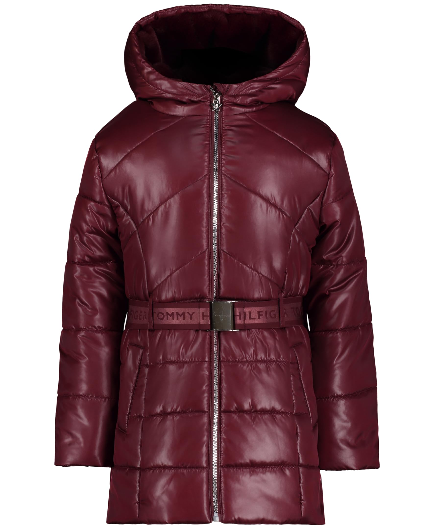 Tommy Hilfiger Girls' Long Length Heavyweight Puffer Jacket With Polar Fleece Lining, Logo Belt Tawny Port, 7 Image