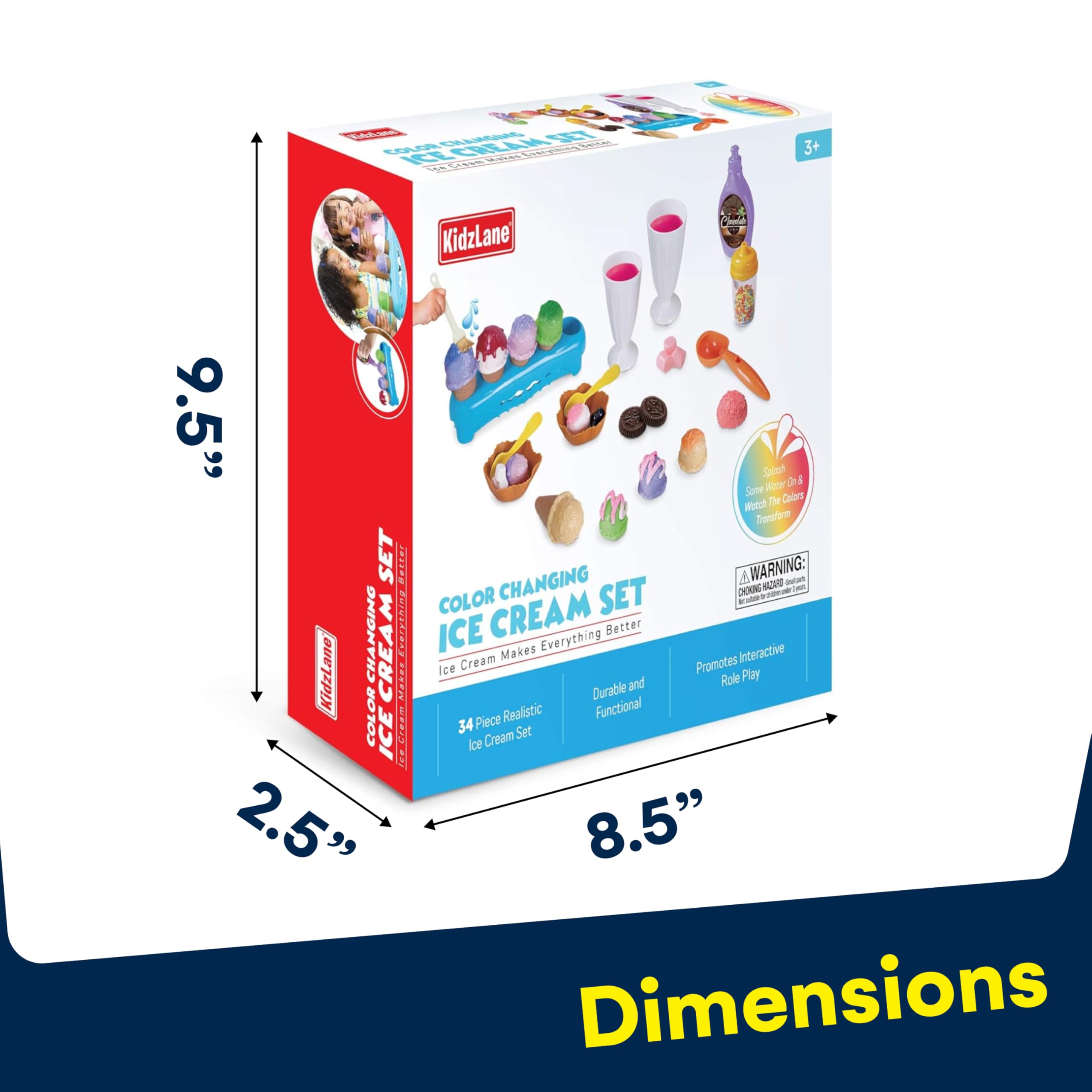 Kidzlane 34 Piece Ice Cream Play Set - Color Changing Scoops and Toppings - Fun Toddler Pretend Play Toy for Kids - Includes Cones, Cups, and Accessories for Ages 3 and Up