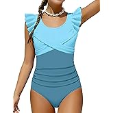 FoWear Girls Swimsuit One Piece Ruffle Trim Swimwear Criss Cross Girls Bathing Suit for 6-14 Years