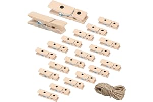 KVMORZE 20Pcs Wooden Refrigerator Magnet Clips, Wood Mini Clothes Pins with Jute Twine for Photo, Memos, Lists, Calendars, Magnetic Photo Clips for Organizing and Decorating Home or Office, 1.8in