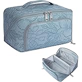 GERYUAEG Travel Makeup Bag, Large Capacity Cosmetic Bags for Women, Waterproof Lining and PU Leather Portable Pouch, Open Flat Toiletry Bag, Make up Organizer with Divider & Handle (Light Blue)