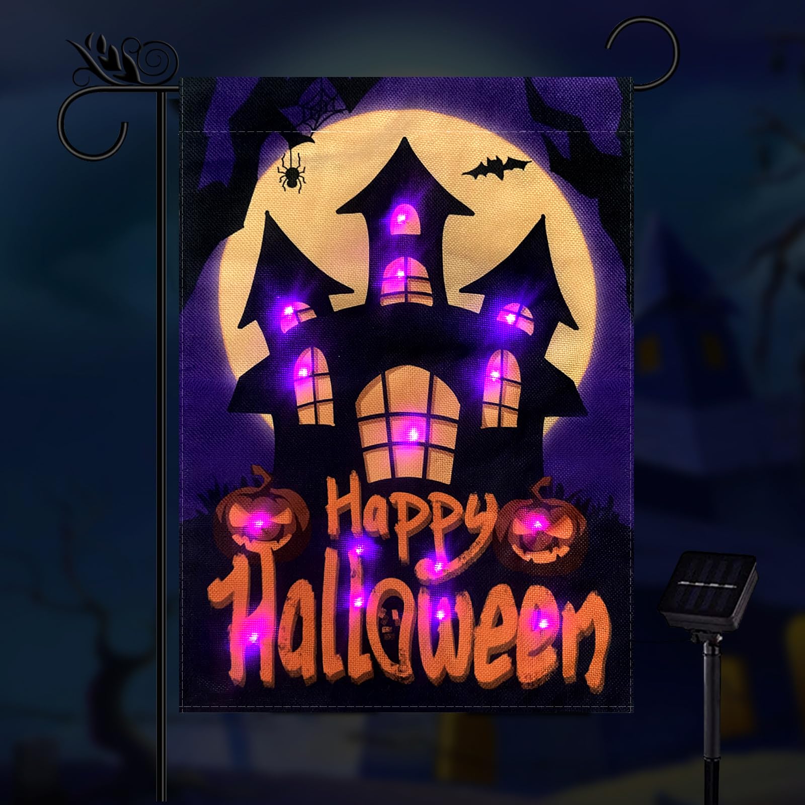 Photo 1 of Happy Halloween Garden Flag LED Lighted Vertical Double Sided Garden Flag Halloween Castle Holiday Farmhouse Outdoor Yard Lawn Decoration 12.5 x 18 Inch