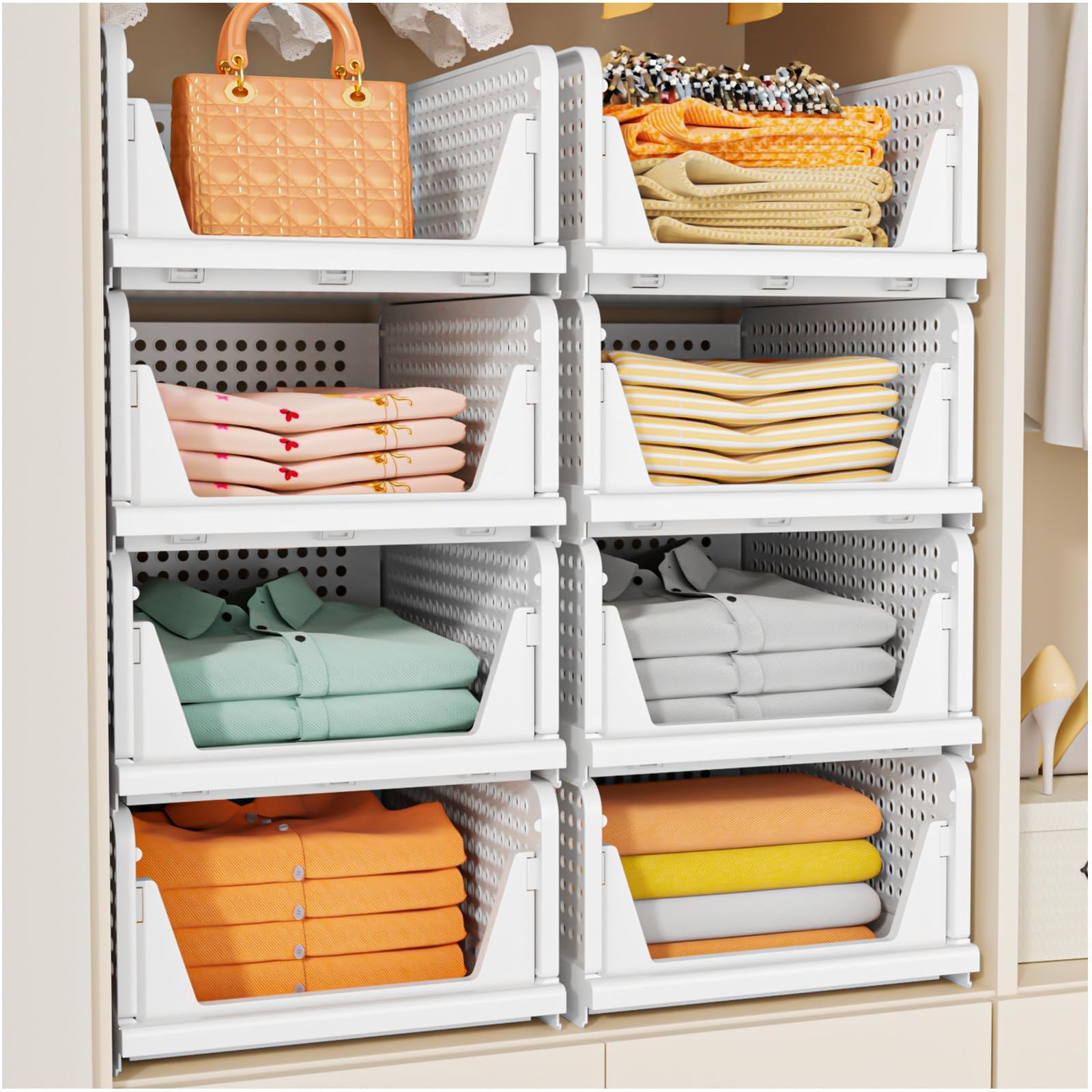 Photo 1 of SNSLXH 5 Pack Stackable Closet Storage Basket, Multifunctional & Foldable Closet Organizer for Bathroom Kitchen Laundry Room Wardrobe Storage, Space-Saving Clothes Storage Drawer Organizer, White