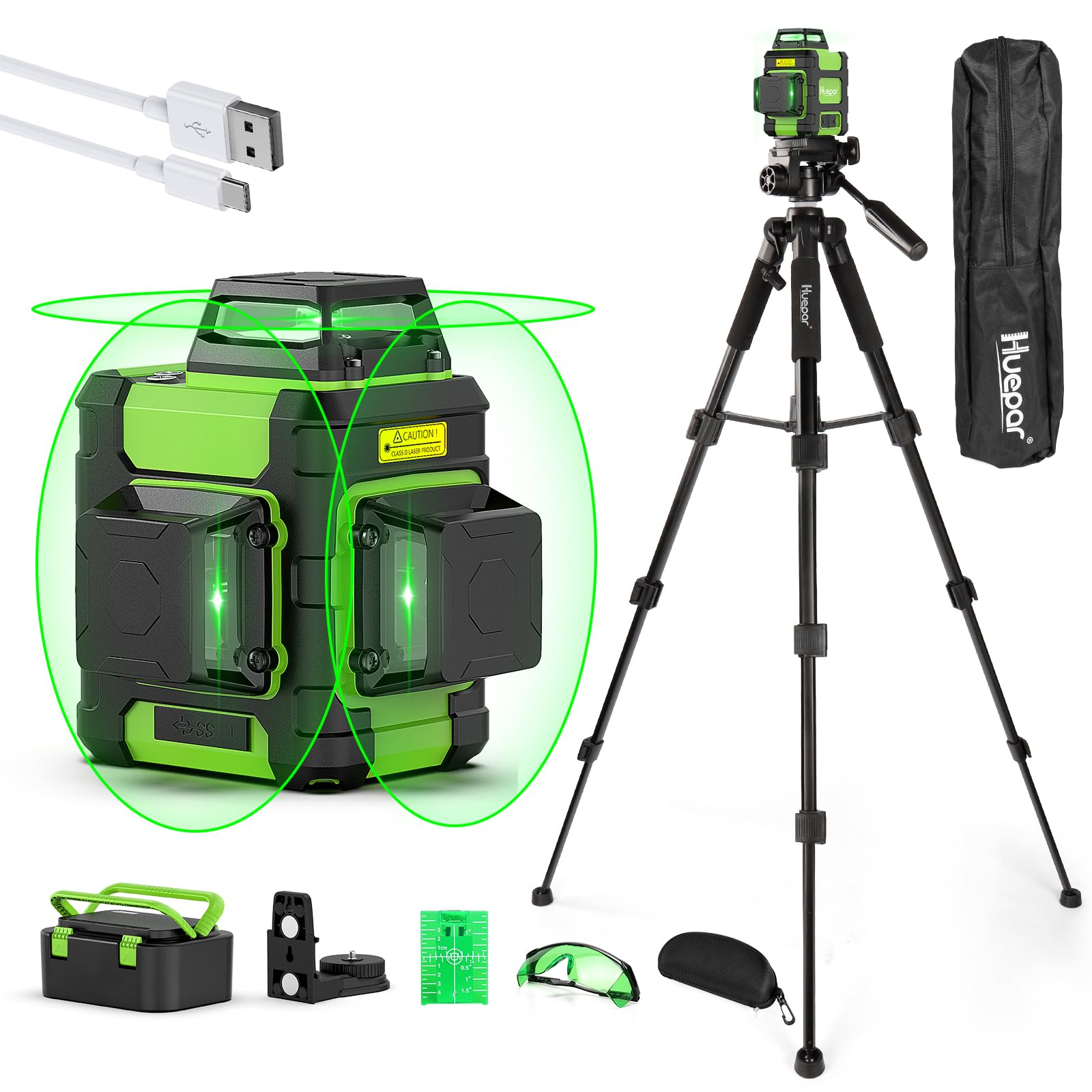 Huepar 3x360° Kreuzlinienlaser mit 127 cm Stativ, Laser Wasserwaage Nivelliergerät Selbstnivellierend mit Pulsmodus, Für Innen- und Außenbereich, Grün Linienlaser Für Bauprojekte und Renovierung