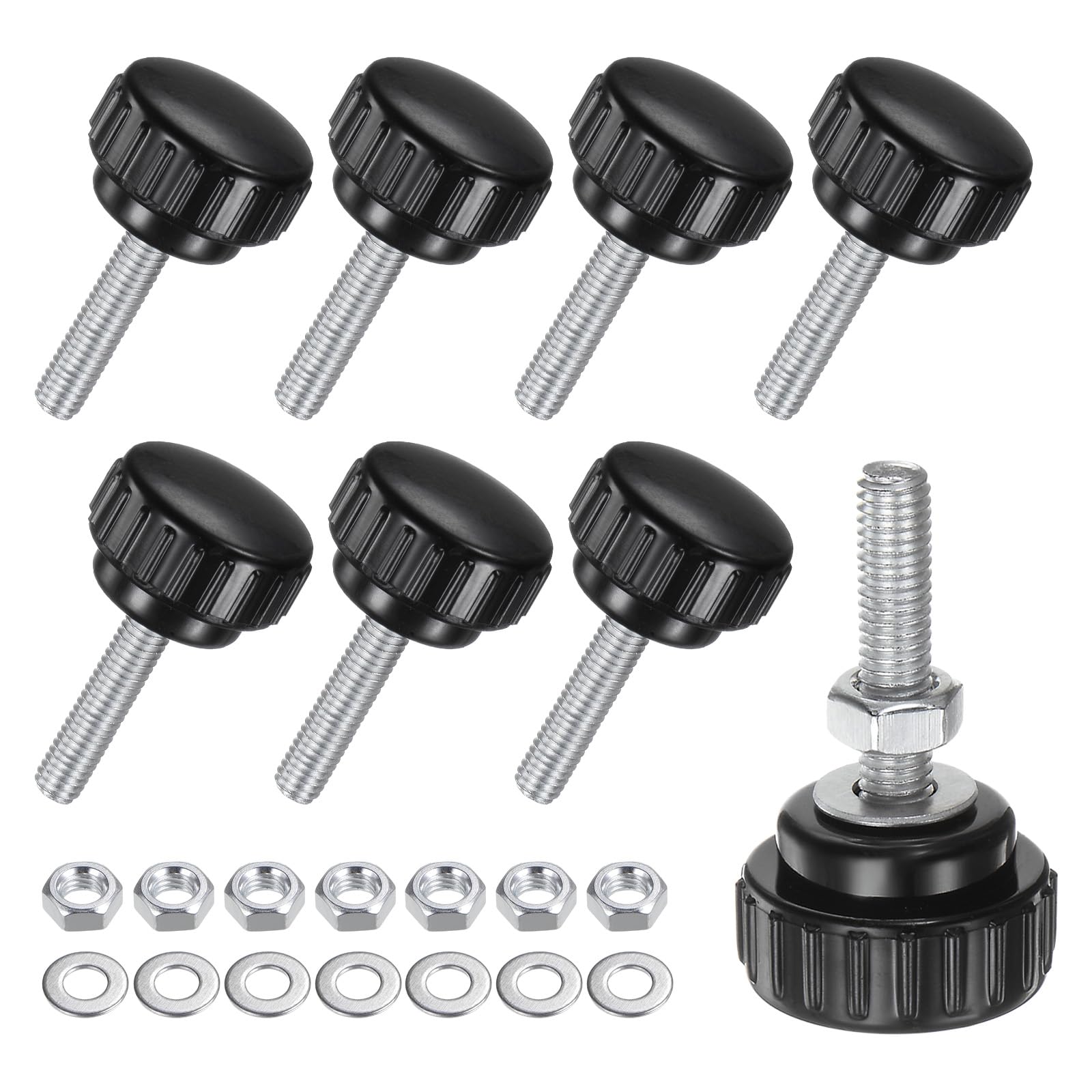 M METERXITY 8-Set Knurled Clamping Knobs, M6x25mm Male Thread Knurled Thumbscrew W Nuts & Washers Carbon Steel Screw on Knobs Grips for Machinery/Electronic/Furniture [Black]