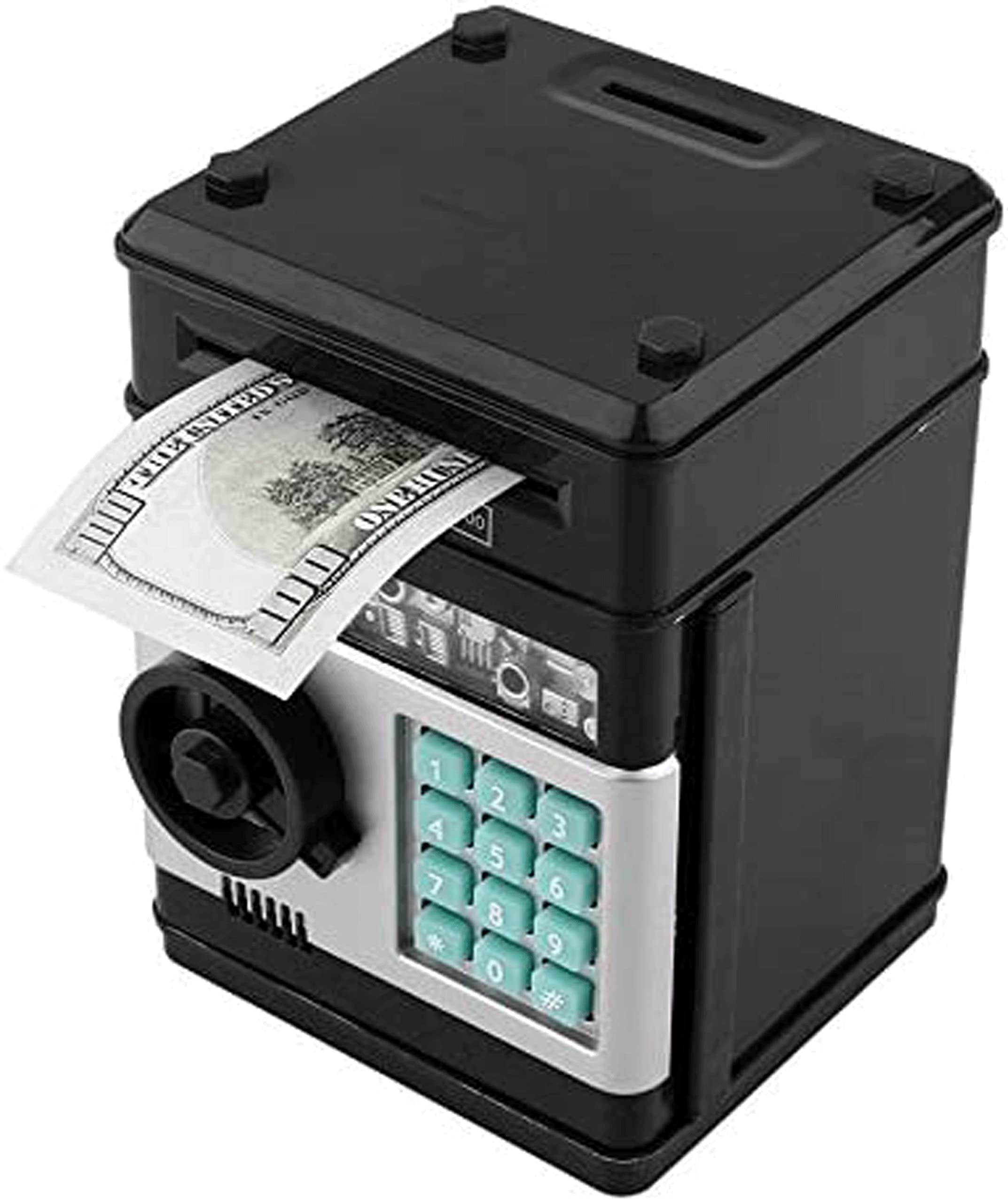 Digital Money Box Mini ATM Safe Money Bank for 3 4 5+ Years Old Kids, Cash Coins Saving Box Safe Money Box for Boys Girls, Cartoon Safe Bank Box Perfect Toy Gifts for Birthday Children's Day (Black)