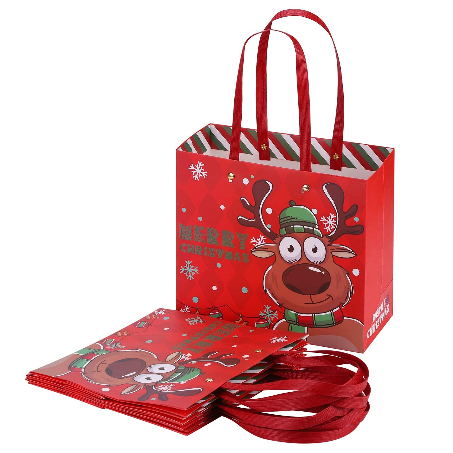 IBLUELOVER 5pcs Christmas Party Bags Elk Paper Gift Bags Carrier Bags with Handle Xmas Recycled Present Wrapping Boxes Holiday Party Favour Treat Bag for Shopping Grocery Baking Candy