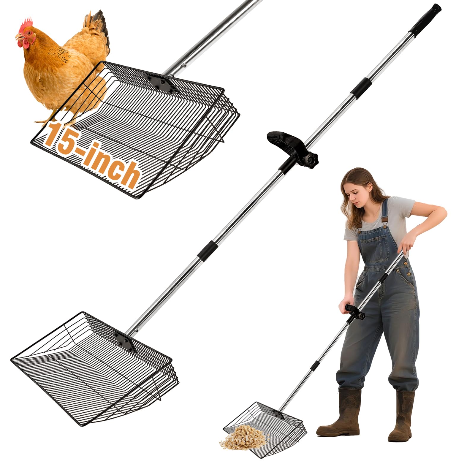 Photo 1 of 15 Inch Chicken Poop Scooper 4-in-1, Chicken Coop Scoop with Ergonomic Grip, 22 to 67" Adjustable Stainless Steel Handle, Sifting Shovel & Litter Scooper for Chicken Coop, Animal House, Farm, Cleaning
